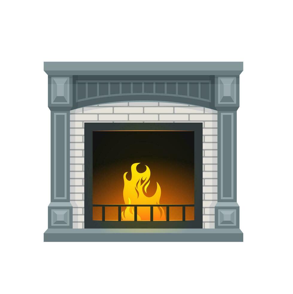 Home classic brick fireplace with flaming flames vector