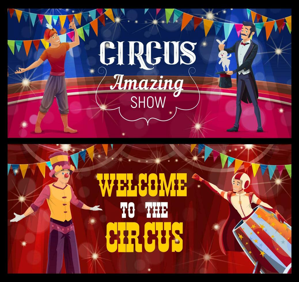 Shapito circus stage, acrobat, fire eater banners vector
