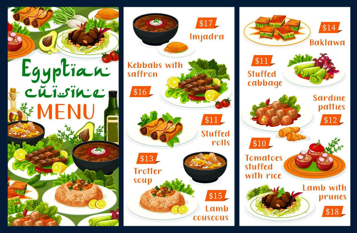 Egyptian food restaurant menu vector template