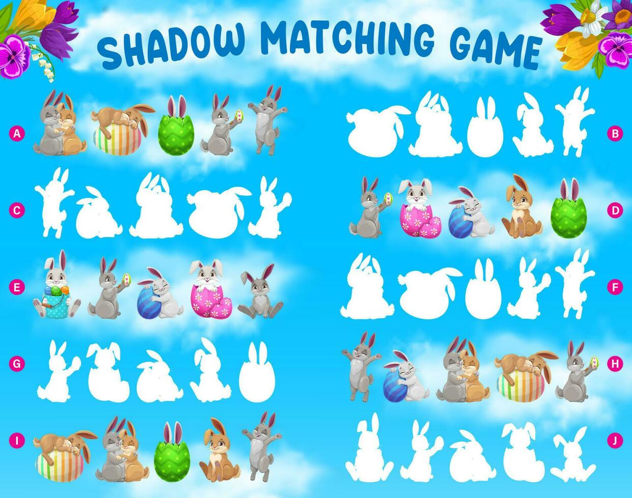 Shadow matching kids game with Easter rabbits eggs vector
