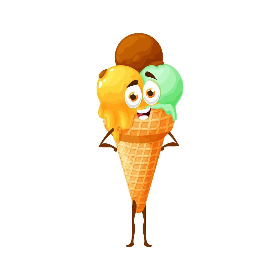 Three ice cream scoops in waffle cone emoticon vector