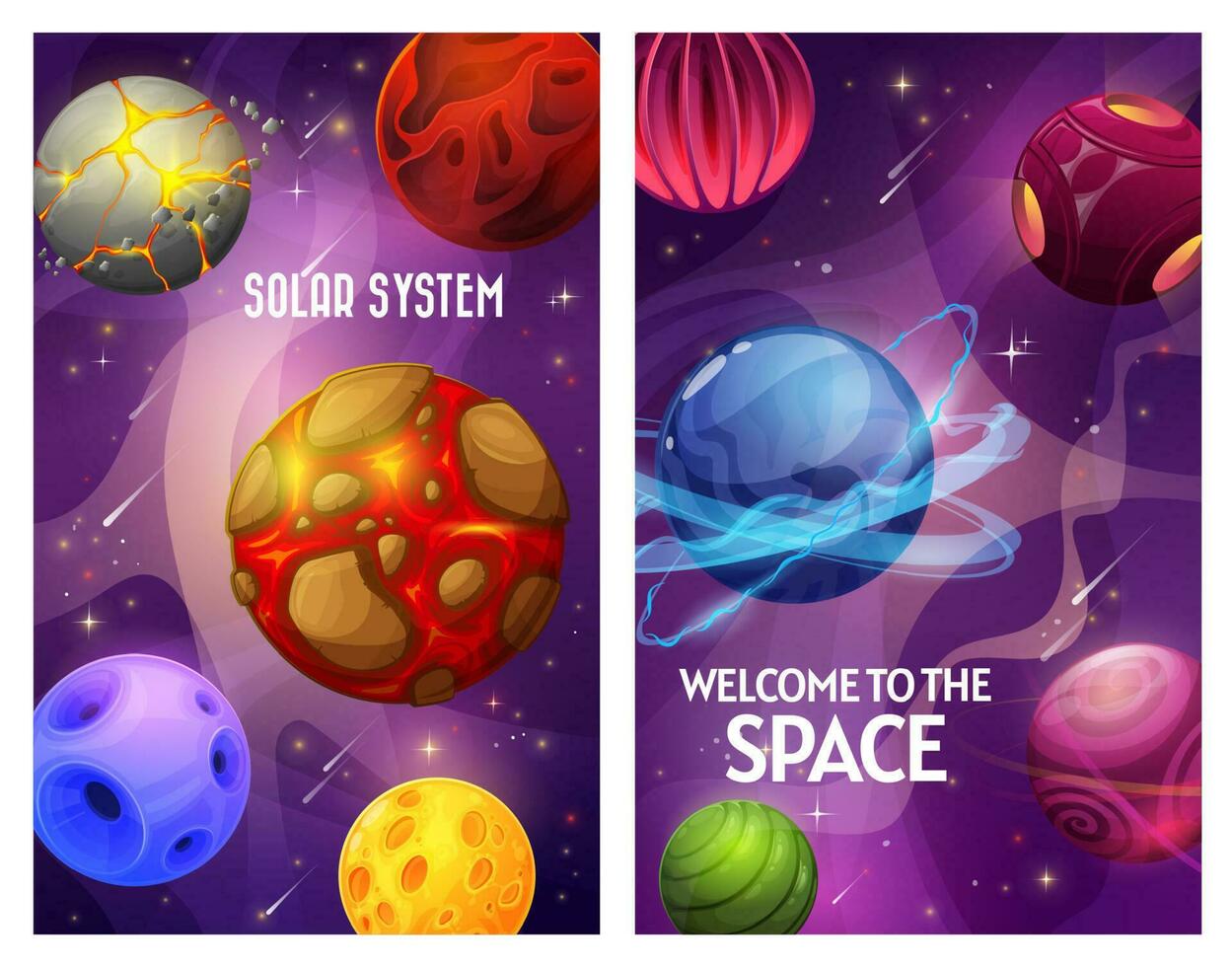 Space fantasy, cartoon galaxy planets universe sky vector