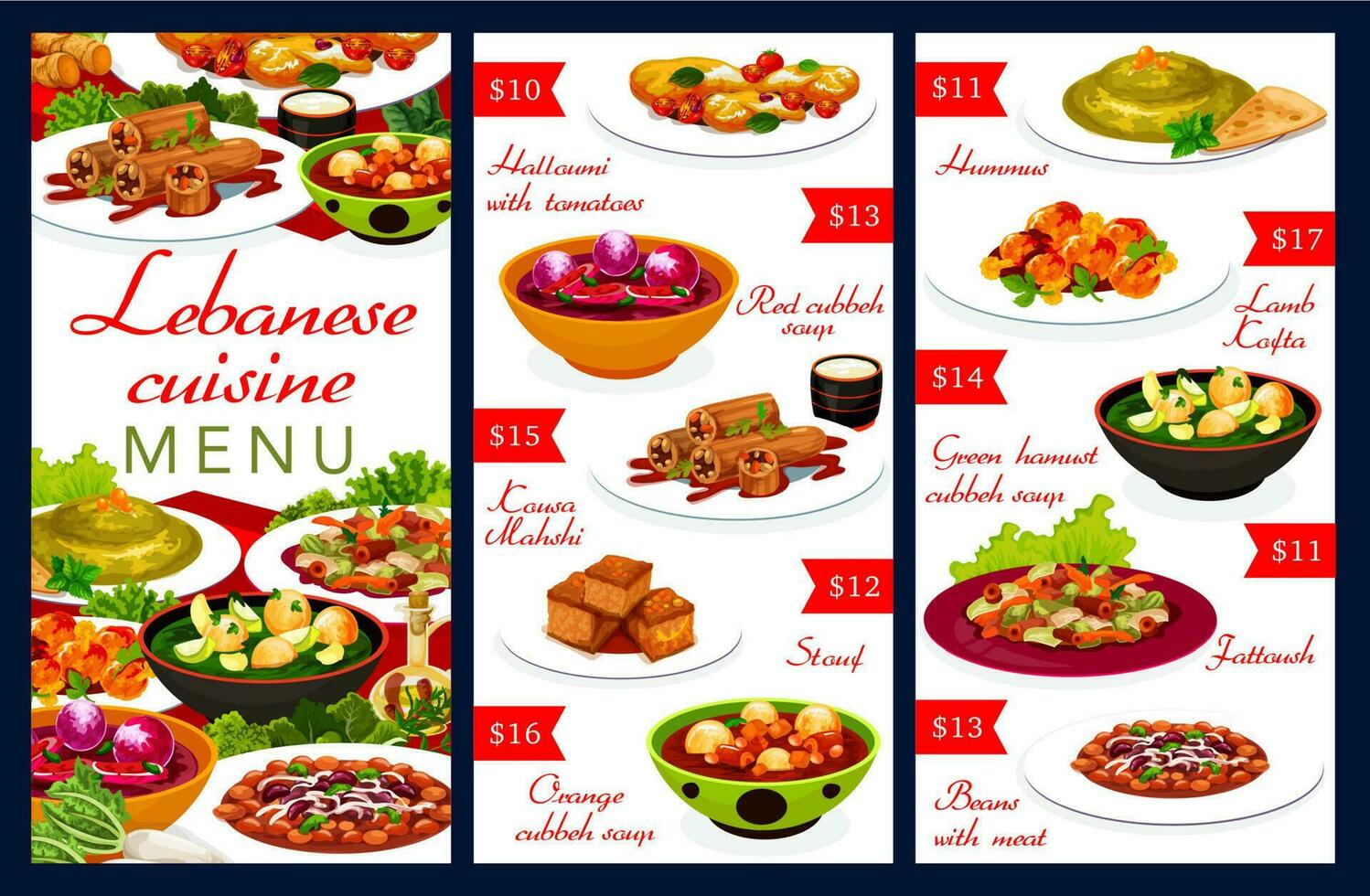 Lebanese cuisine menu with dishes of Arab food vector