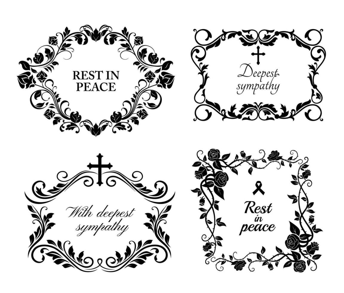 Funeral wreath cards, flowers, obituary RIP frames vector