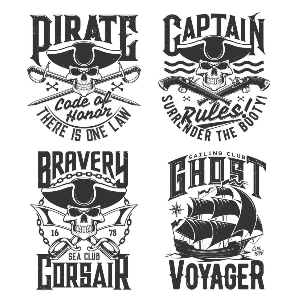 Pirates t-shirt prints, skull in hat, sailing club vector