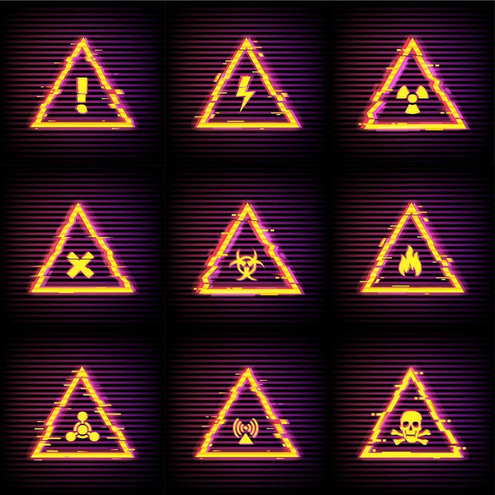 Hazard warning signs with digital glitch effect vector