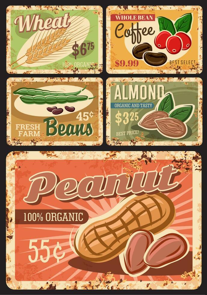 Beans, nuts and cereals vector rusty metal plates