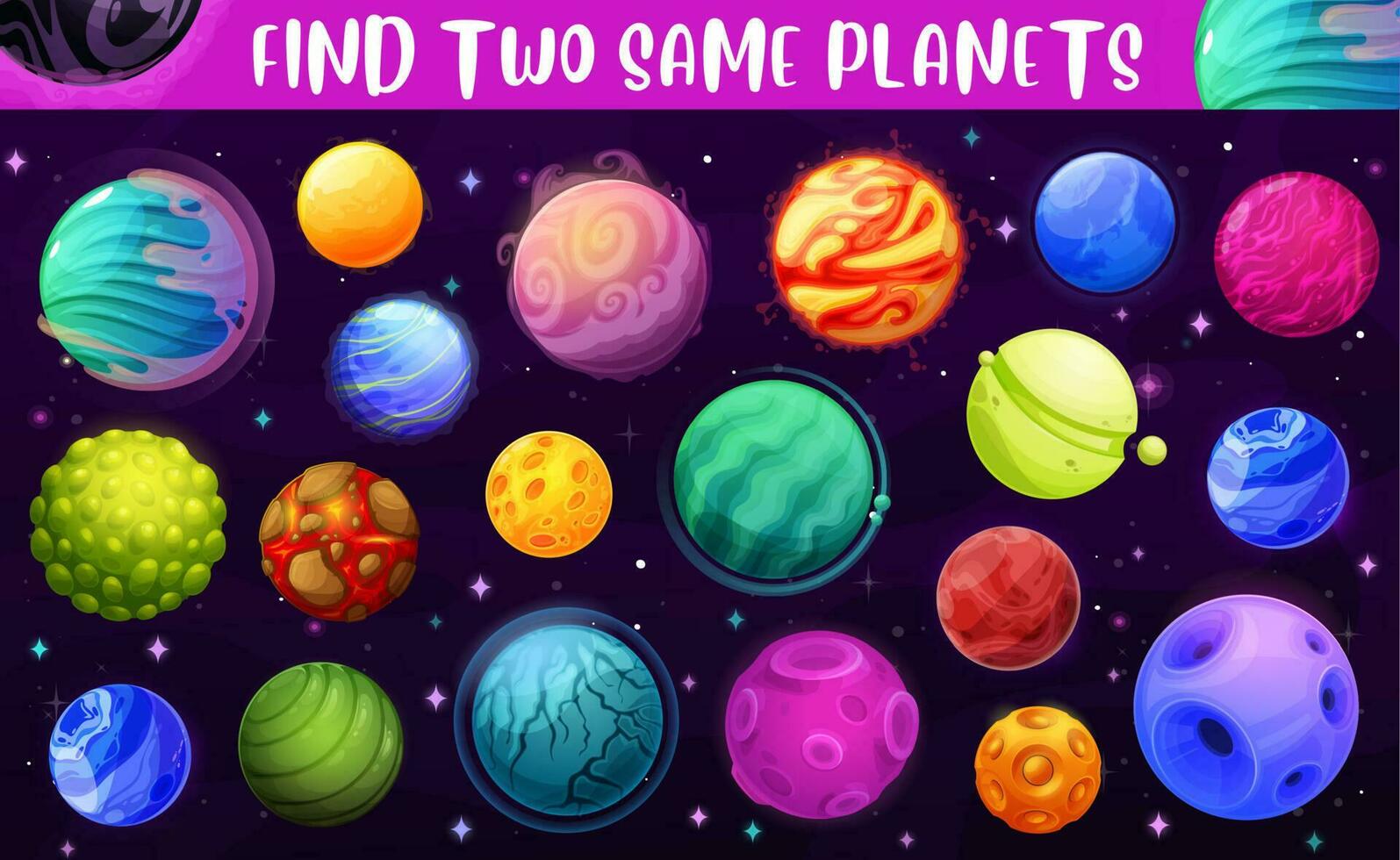 Kids game or puzzle, find two same space planets vector