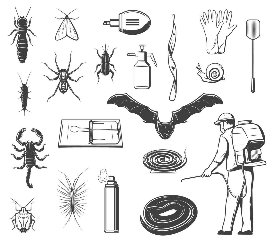 Pests control equipment, insects and animals icons vector