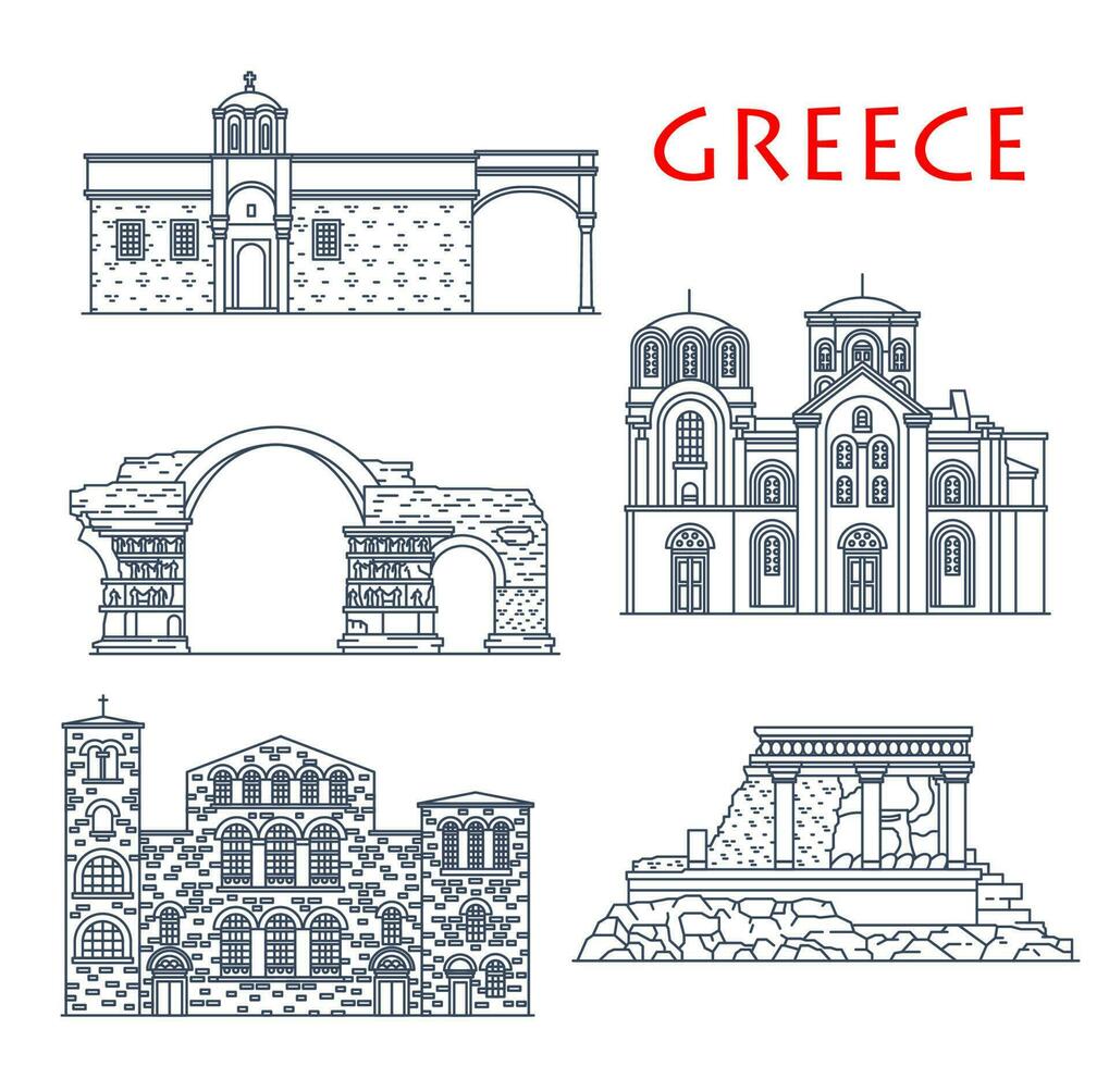 Greece architecture landmarks, Thessaloniki, Crete vector