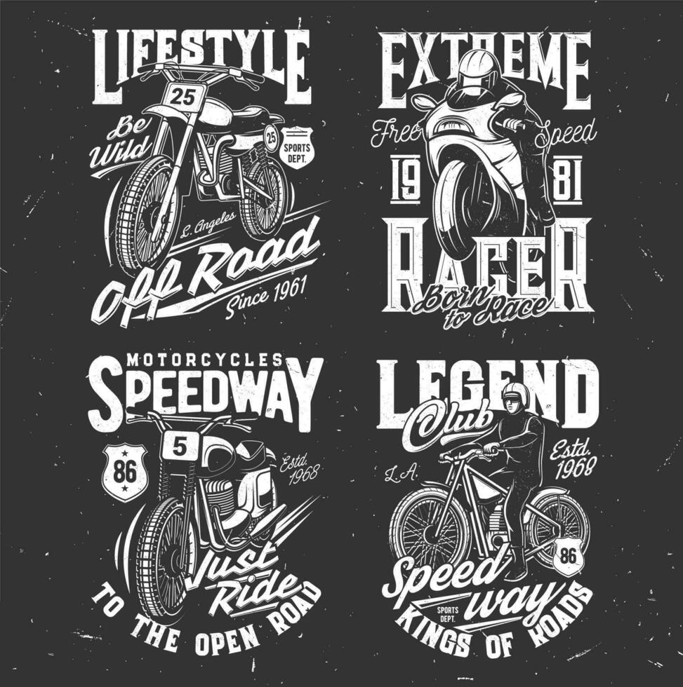Speedway and motocross t-shirt prints, bike races vector