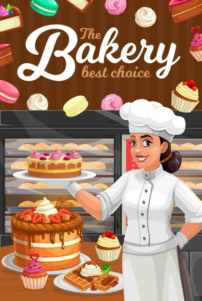 Confectioner in patisserie presenting desserts vector