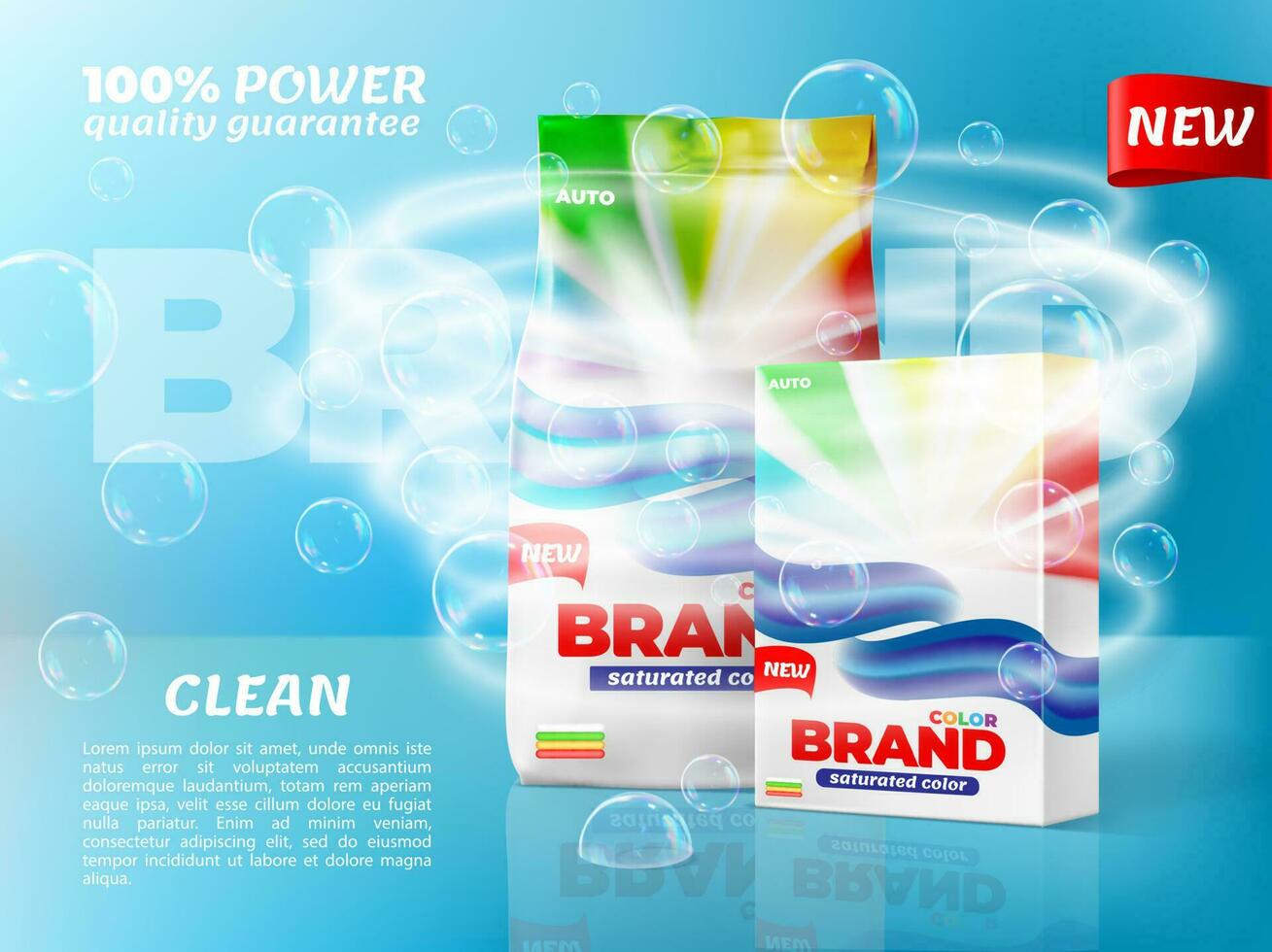 Washing powder packaging banner with soap bubbles vector