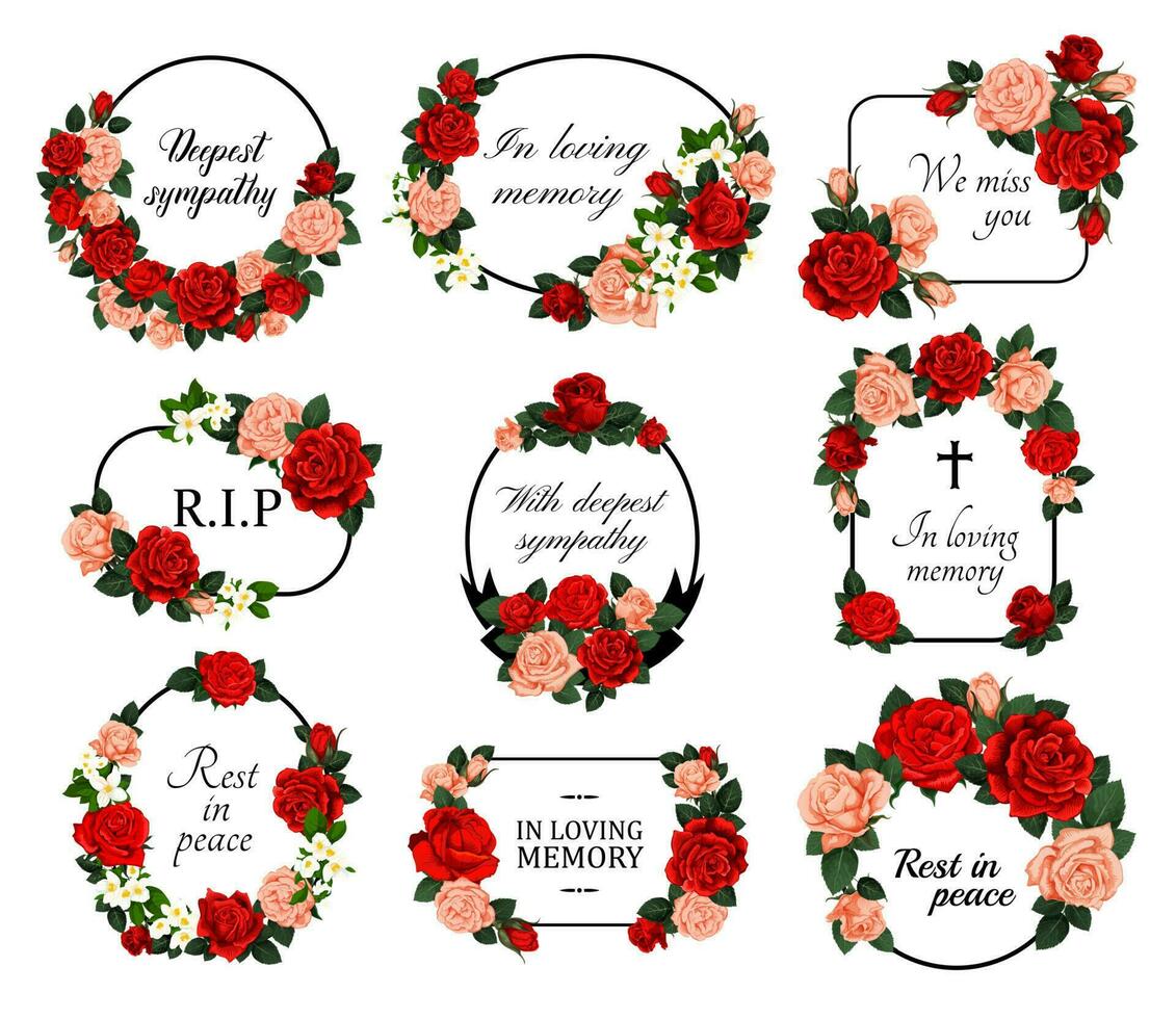 Funeral vector frames with mourning flowers set