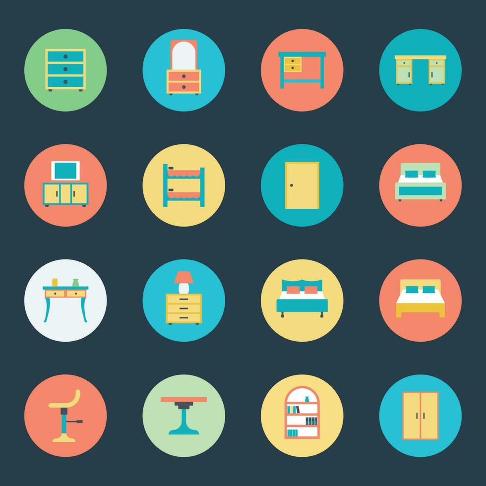 Set of 16 Furniture Flat Icons vector