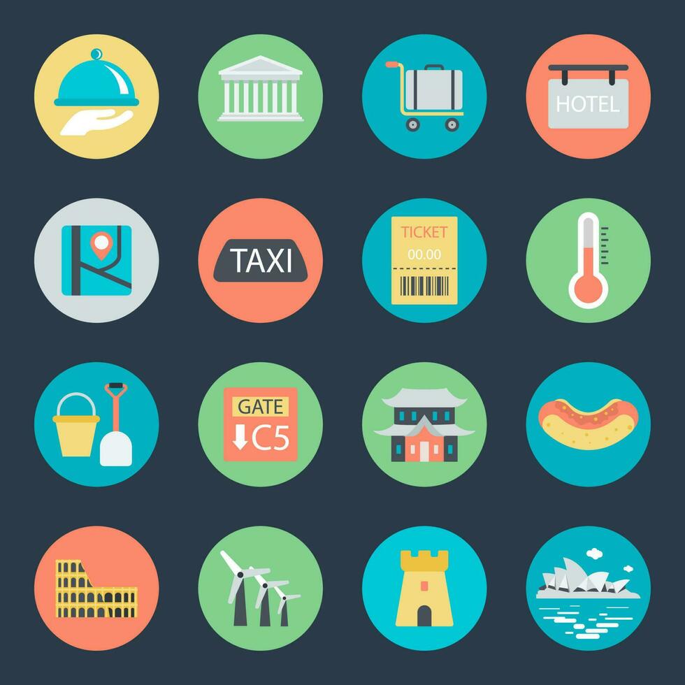 Collection of Flat Style Tourism Icons vector