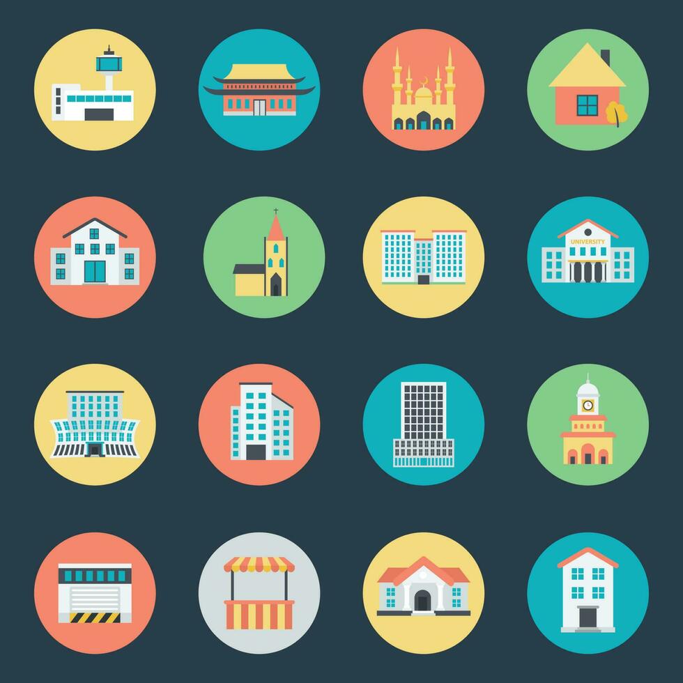 Set of Buildings Flat Circular Icons vector