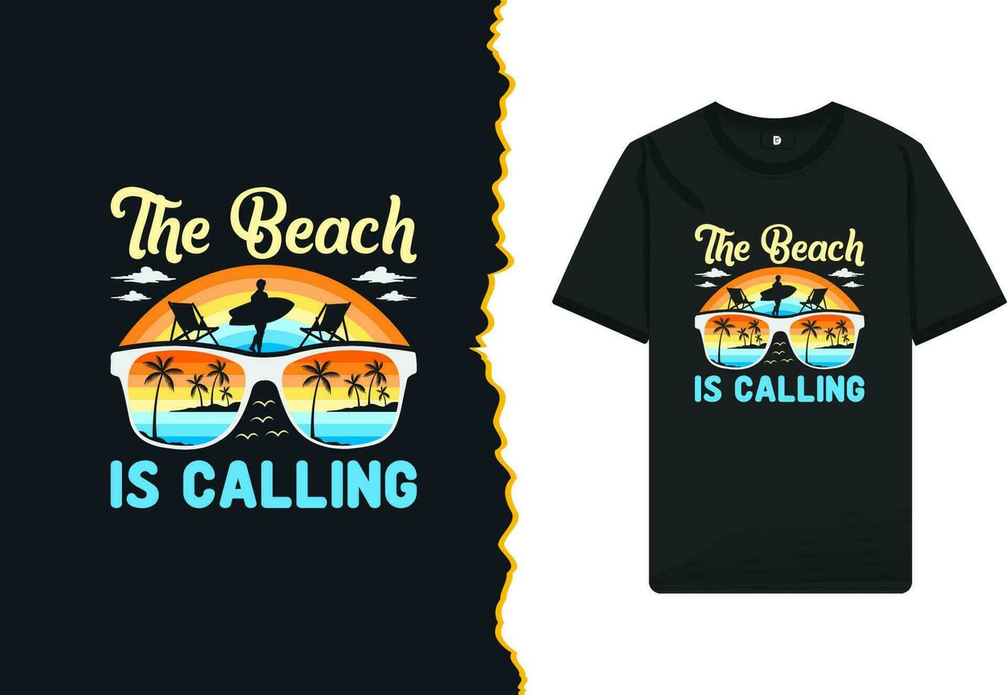 el playa es vocación camiseta diseño vector modelo con gafas de sol, palma árbol, nube, tabla de surf, y pájaro silueta.