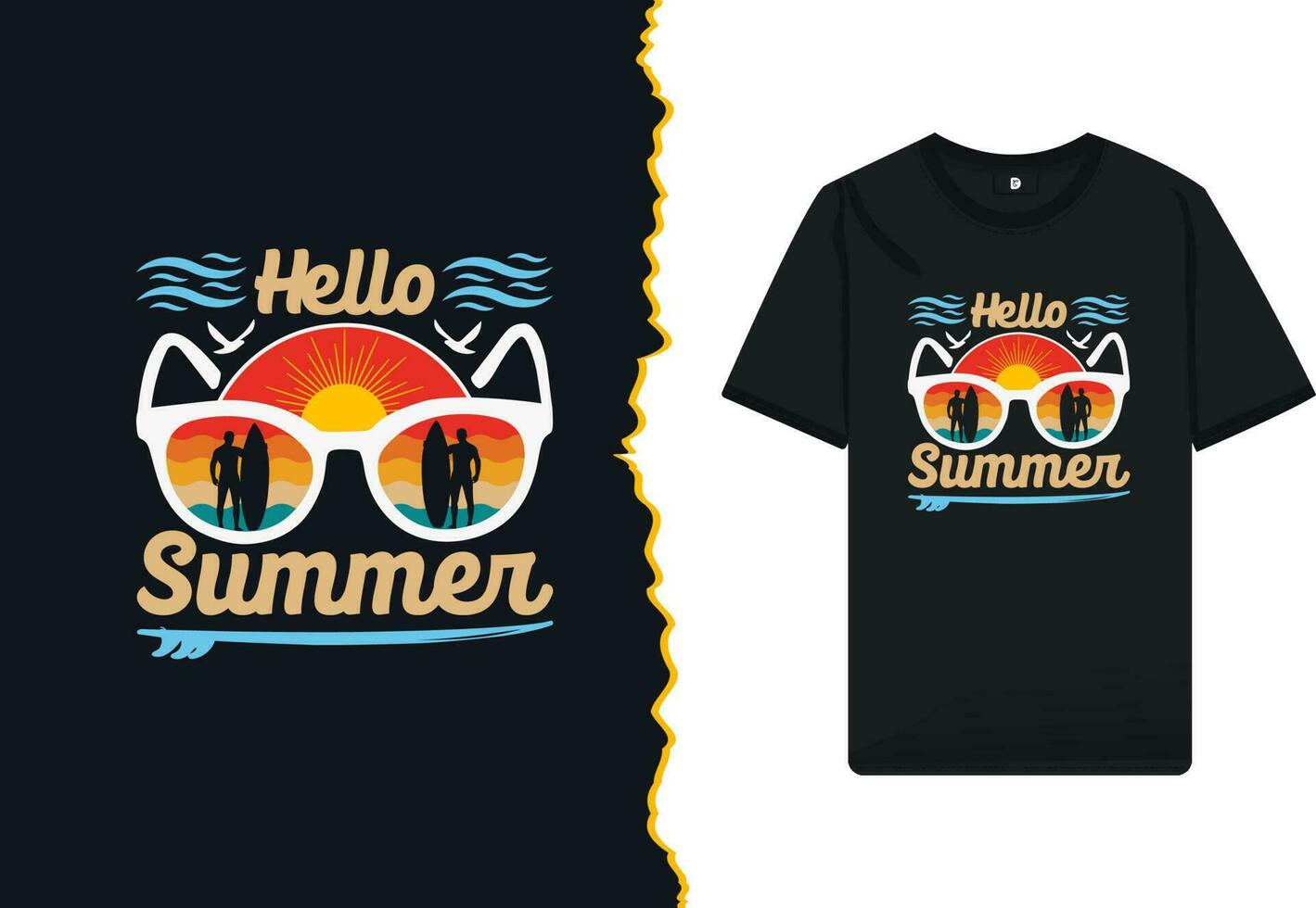 Hello, Summer retro-style t-shirt design template. Editable and customizable summer illustration for a shirt, mug, greeting card, and Poster. vector