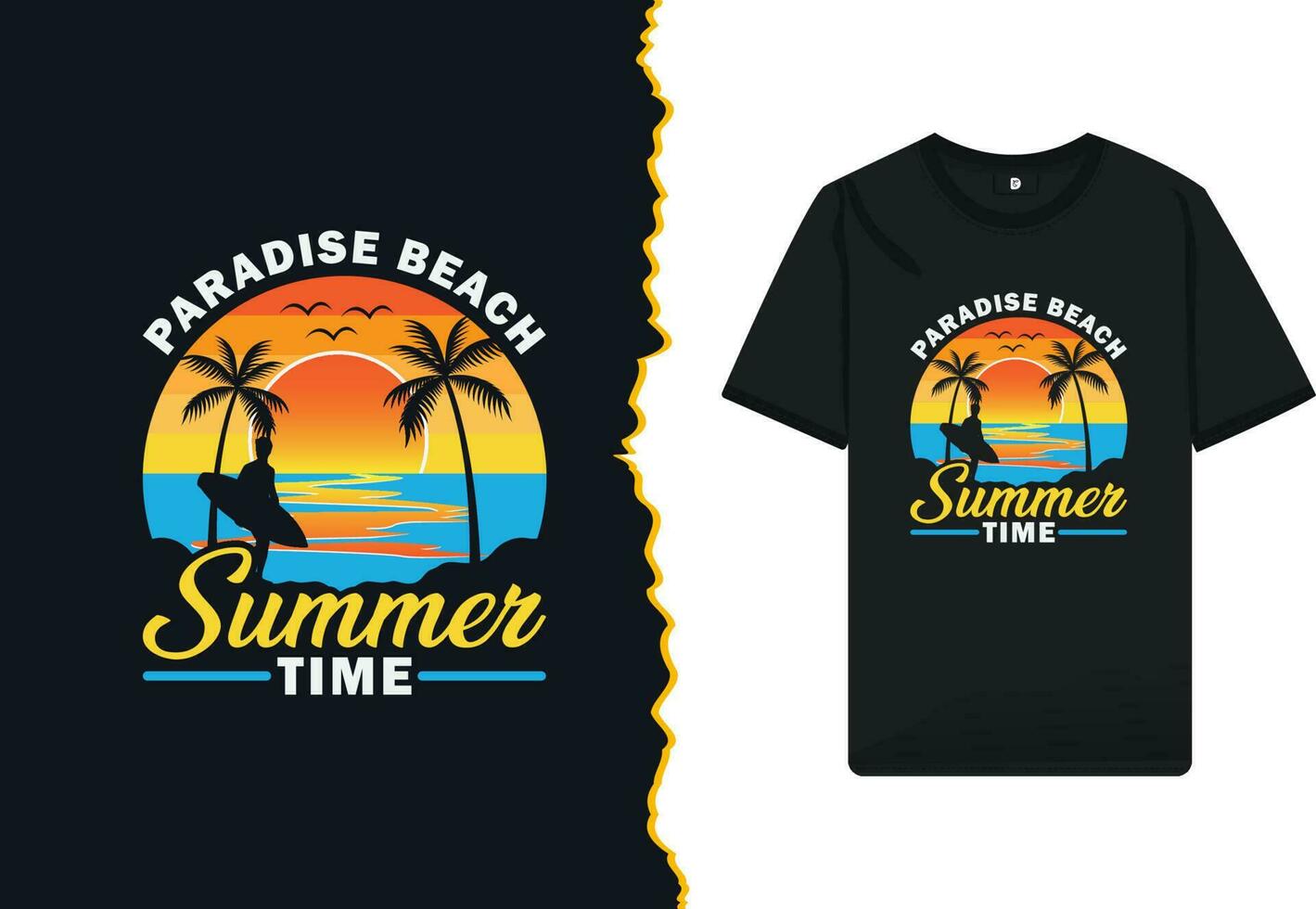 Paradise Beach Summertime t-shirt design template. Simple design for the summer with a Sea, sun, bird, Palm tree, and Surfboard silhouette. vector