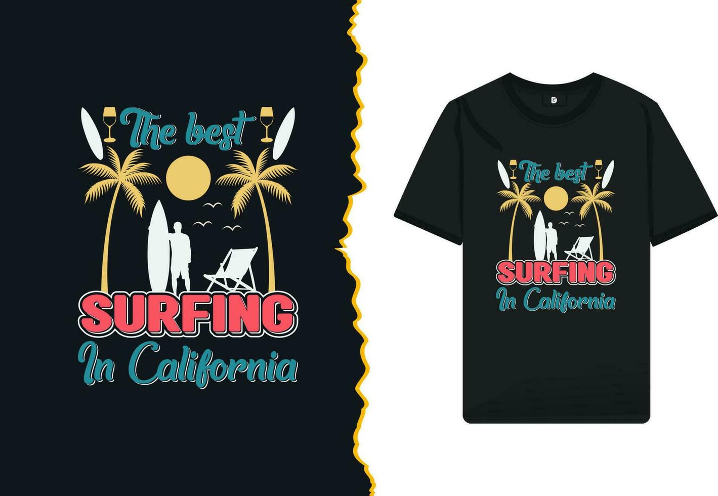 The best surfing in California - summer t-shirt design template. Illustration with a sun, surfboard, palm tree, bird, and drink glass silhouette. vector