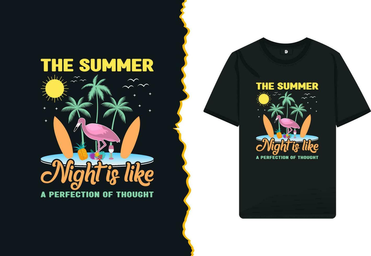 verano gracioso vector camiseta diseño modelo. ilustración de el sol, palma árbol, tabla de surf, y flamenco silueta. diseño citar - el verano noche es me gusta un perfección de pensamiento.