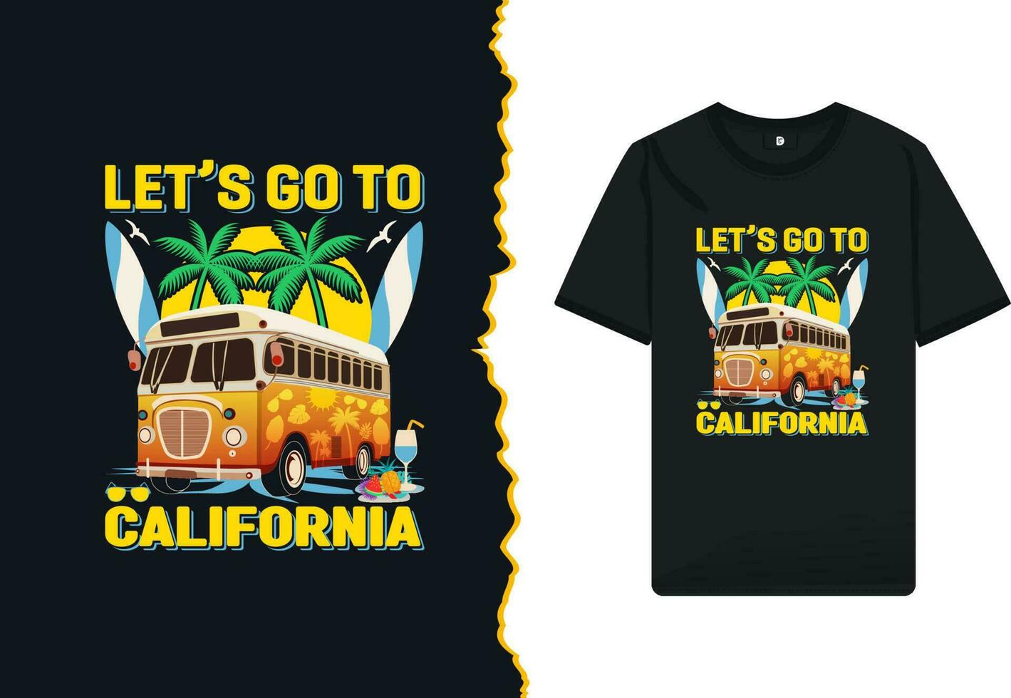 Summer California travel t-shirt design template. Illustration with beach, surfboard, sunrise, palm tree, and sunglass silhouette. this design can be used for kids and other print items. vector