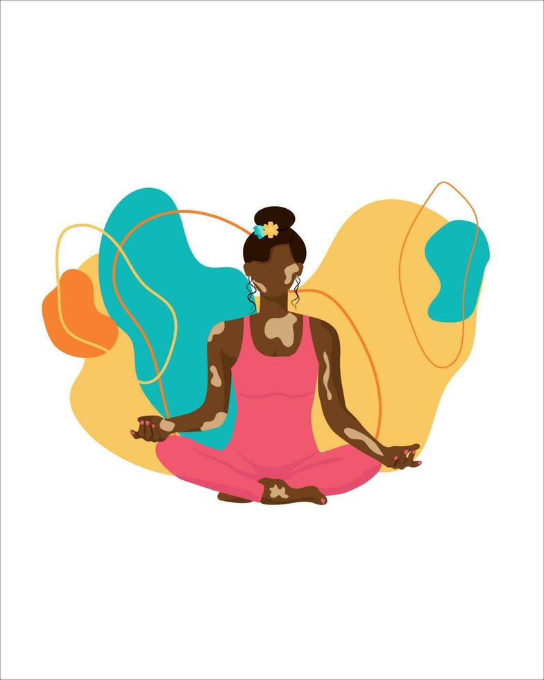 retrato de un afroamericano niña con vitiligo haciendo yoga en un loto actitud con resumen antecedentes. vector plano ilustración en blanco antecedentes. mundo vitiligo día. un diferente tipo de belleza.