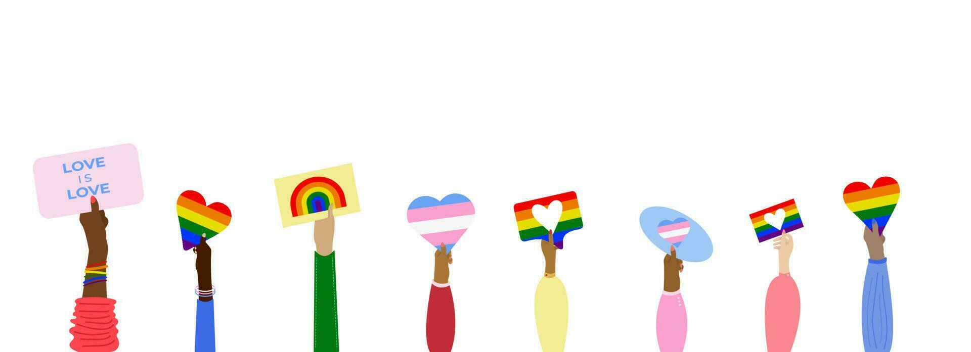 LGBT and gay parade, protest. Hands holding posters. hands of people of different races and color, holding LGBT, and transgender flags with rainbows, hearts, different shapes. Banners, illustrations. vector