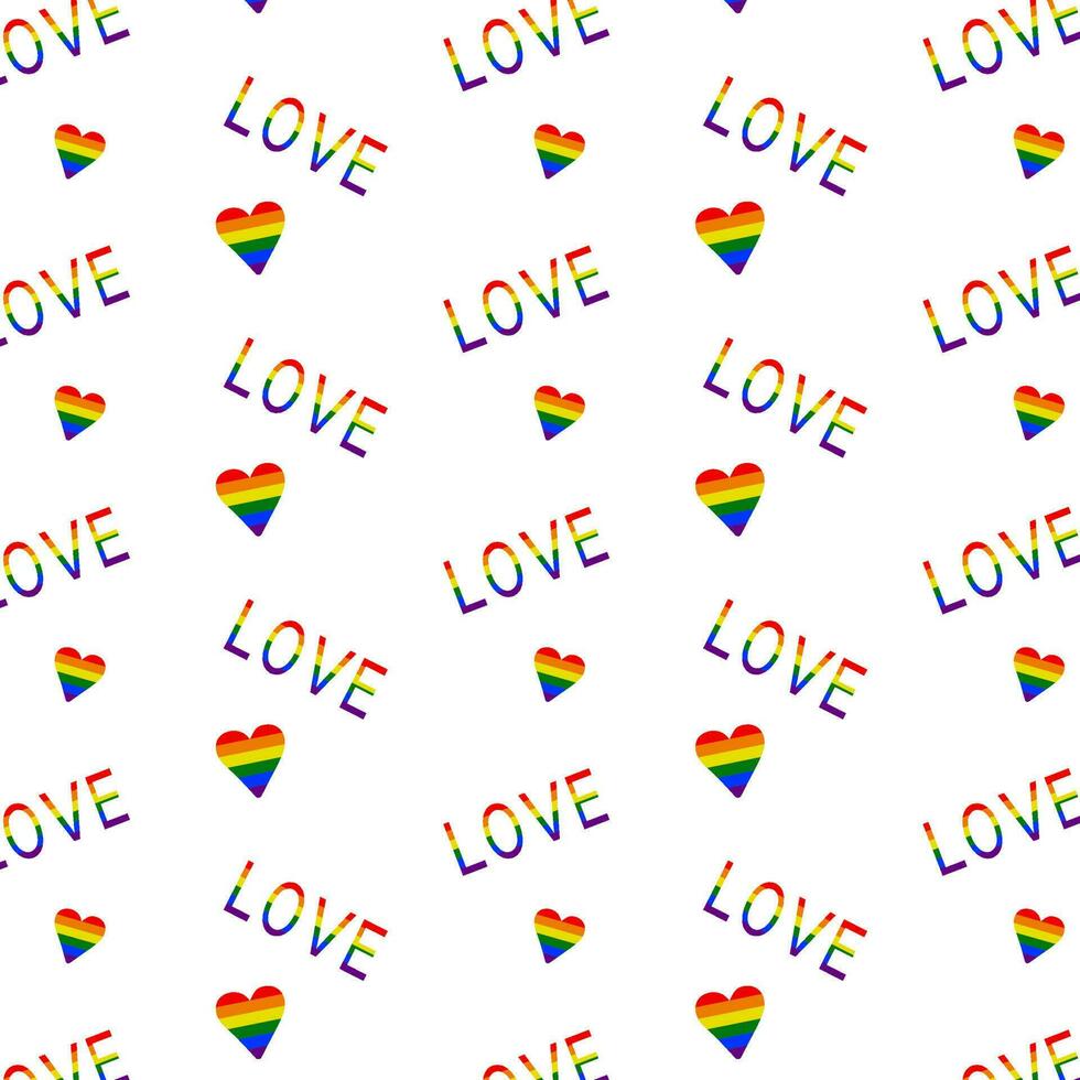 LGBT Pride Month. Pattern with hearts and the word love in rainbow color. Vector. vector