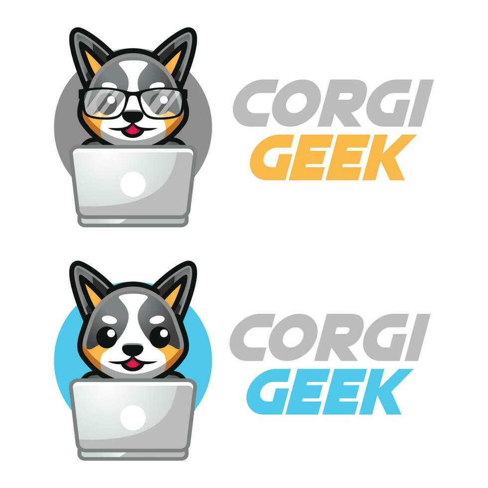 Modern vector flat design simple minimalist logo template of corgi dog geek nerd smart mascot character vector collection for brand, emblem, label, badge. Isolated on white background.