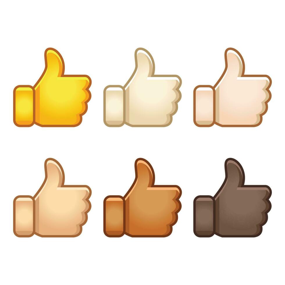 Different mood emoji. Emotional Thumbs up emoji hand set of various skin tonescute cartoon stylized vector cartoon illustration icons. Isolated on white background.