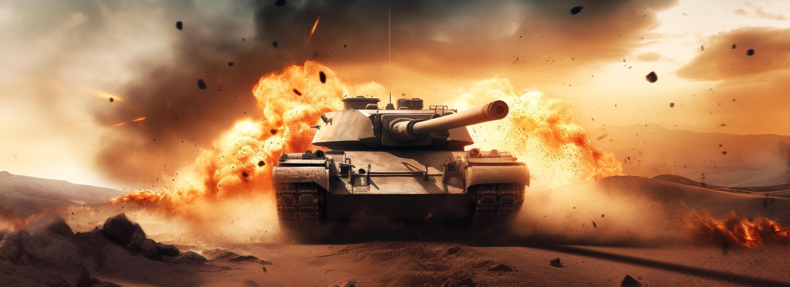 The armored tank is in the battlefield with . photo