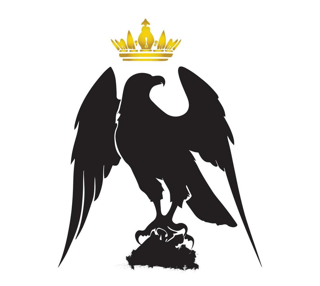 Silhouette ART Of Hawk Prey Bird With Golden Crown On the Top Of Crown on White Background vector