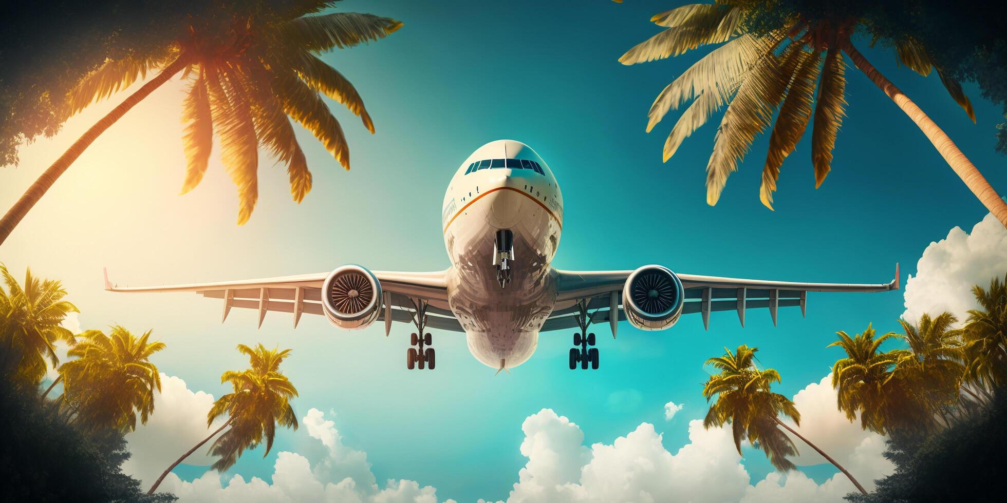 The passenger aircraft is flying above the tropical palm trees with . photo