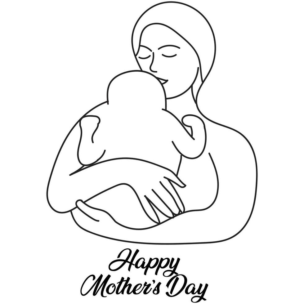 mother day drawing or doodle line art cartoon illustration, sketch of mother and child portrait and holding son or kid love together for greeting card vector