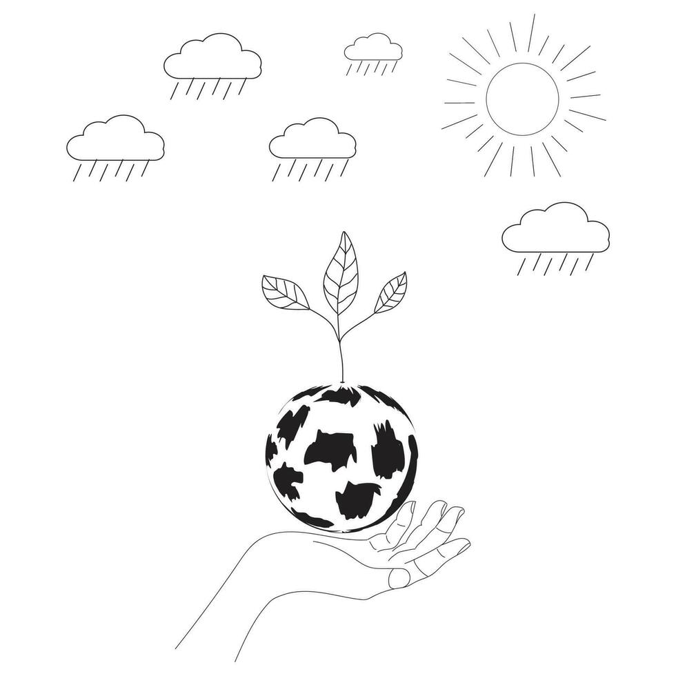 manos humano participación el tierra globo con árbol, sol, lluvia nube, línea o garabatear, mano dibujo negro y blanco, tierra planeta ecología de mundo ambiente día concepto. bosquejo imagen vector