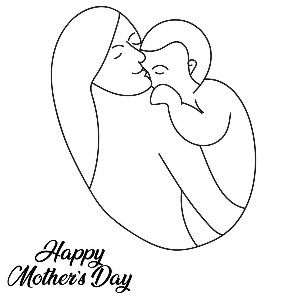 mother day drawing or doodle line art cartoon illustration, sketch of mother and child portrait and holding son or kid love together for greeting card vector