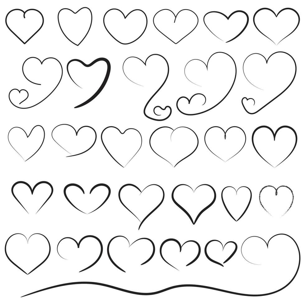 Set of Heart shape with sketch or hand drawing icon, different love hearts drawing collection vector design on white background