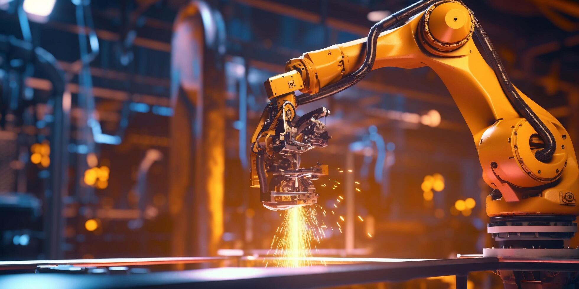 The arm robot is working in the factory with . photo