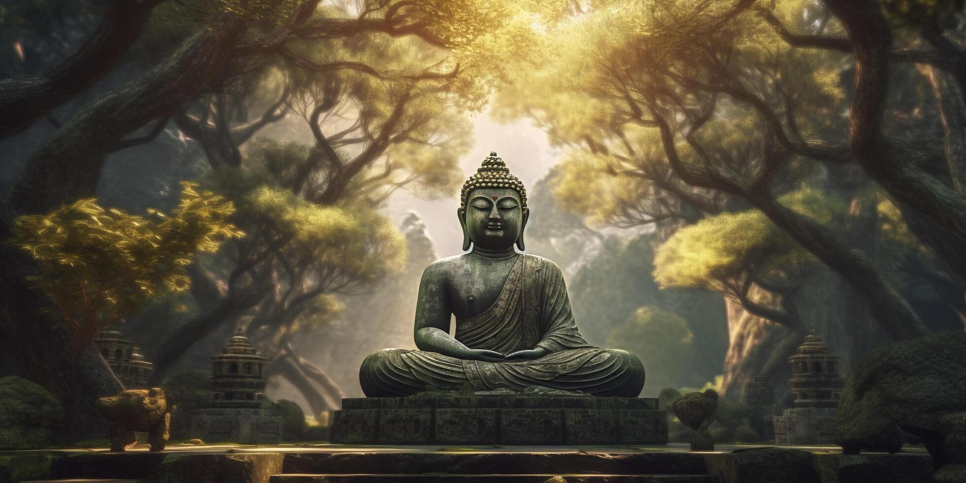 The ancient buddha statue in the forest with . photo
