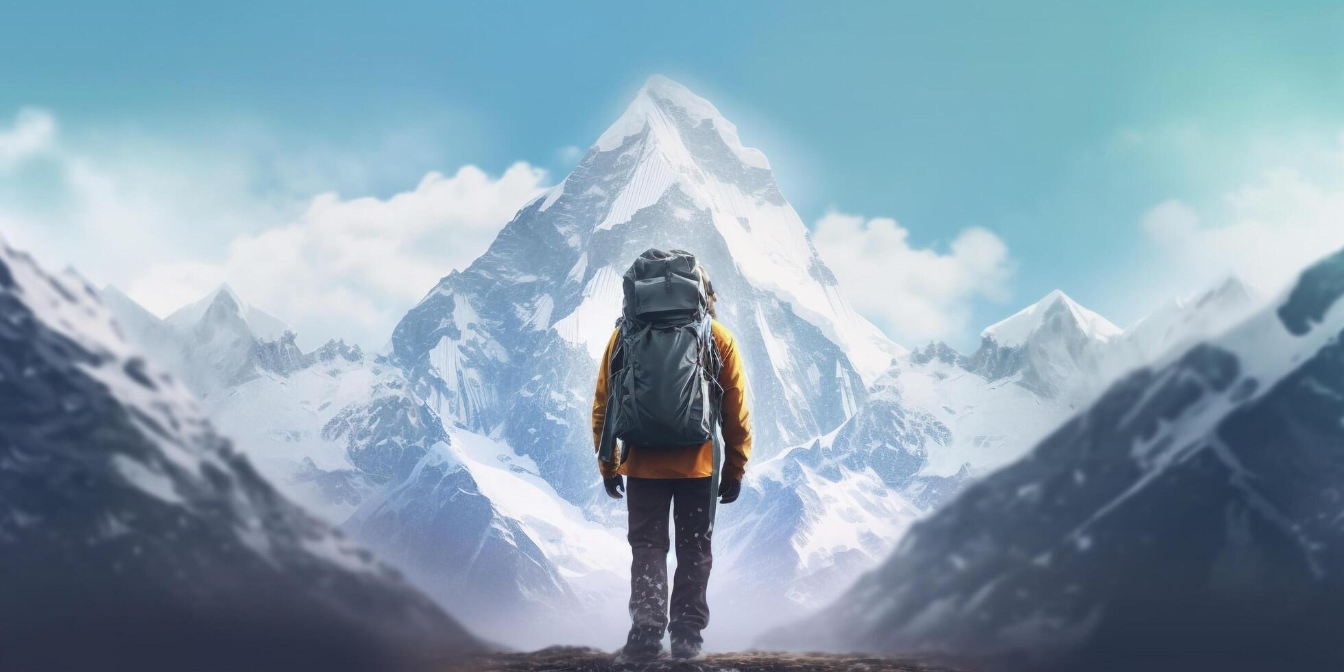 The closeup view of a man with backpack who stand in front of high mountain with . photo