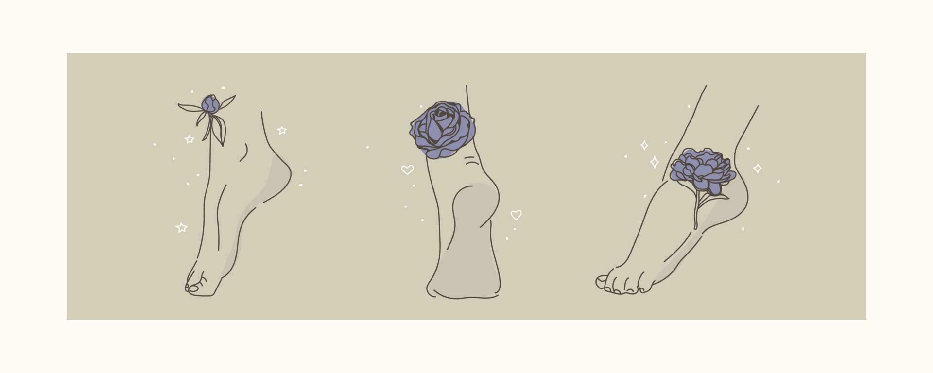 Various positions of female feet. Purple plants and flowers on the legs and heels. Decorative, elegant, minimalist elements. Vector illustration for design.