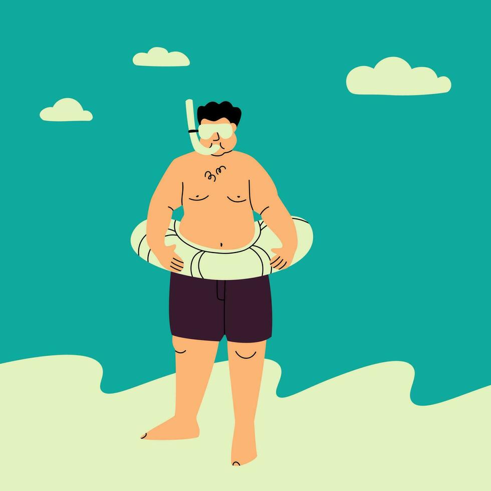 un gordito hombre en un submarino máscara y un inflable anillo. gracioso plano vector ilustración. grasa persona en un traje de baño en el playa. Deportes más Talla personas