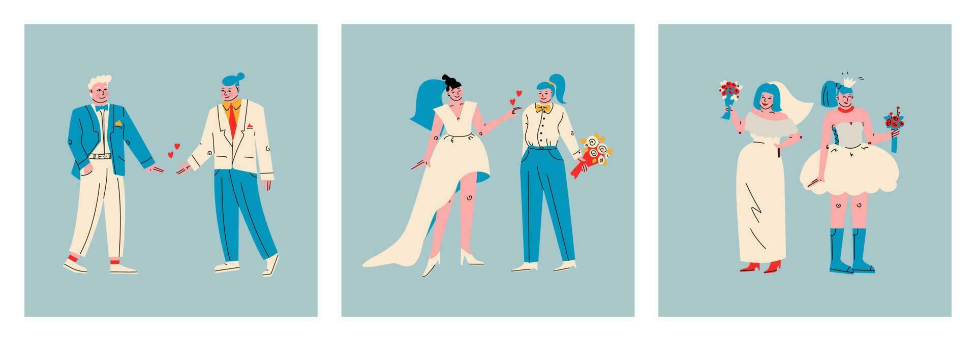 Various lgbt couples in wedding dresses. Same-sex relationships. Bride and groom in an elegant suit. Set of vector trendy illustrations.