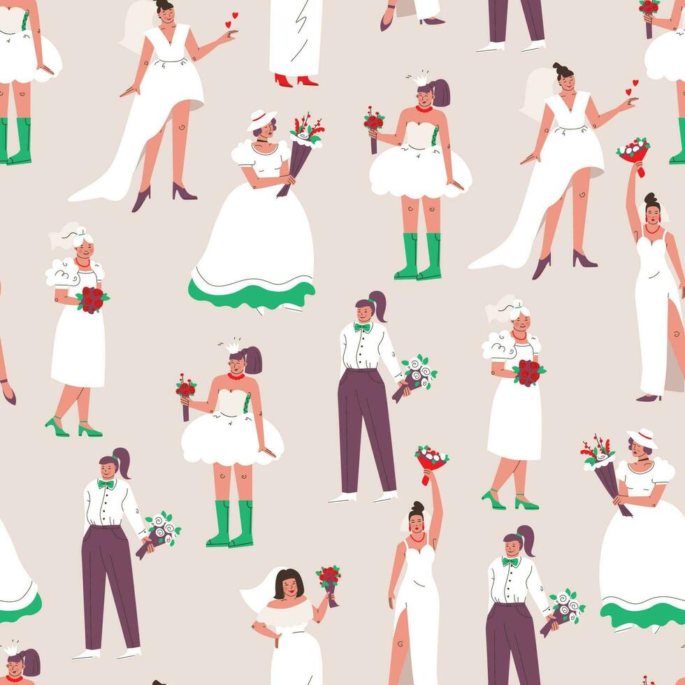 Seamless pattern with brides. Women in white wedding dresses. Vector background.