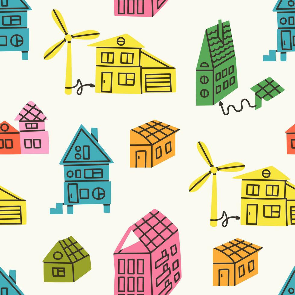 Vector seamless pattern in flat doodle style. Eco-houses. Buildings with solar panels on the roof and whirligig. Ecological electricity. EPS 10.