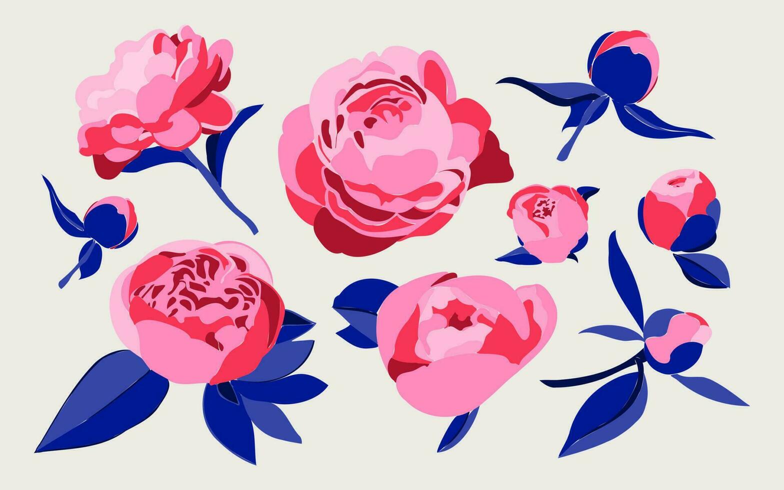 Set of various decorative peonies or roses isolated on a white background. Floral, botanic concept. Vector isolated on white background. Pink, red, blue.