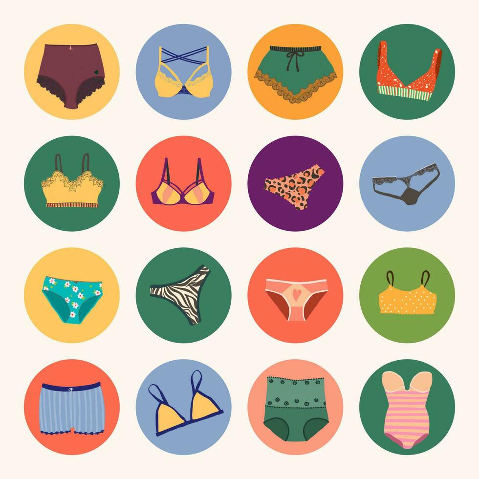 Underwear icons set. Round background covers for social networks. Bras, panties, pajamas, thongs. Multicolor vector illustration for design.