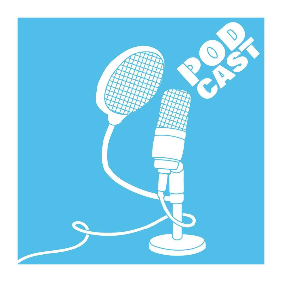 Studio microphone for podcast broadcasts. Table microphone on a stand. For voice recording. Vector illustration in hand drawing style.